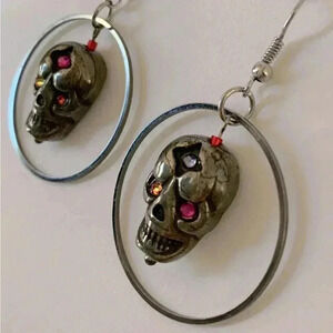 Skull earrings! Handmade by seller, 2” dangle, gunmetal finish,